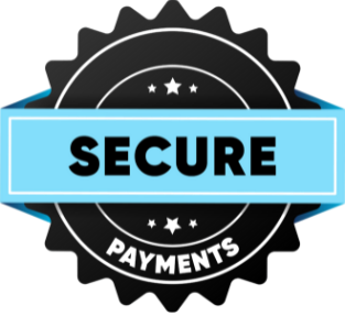 Secure payments badge with a blue accent on a white background